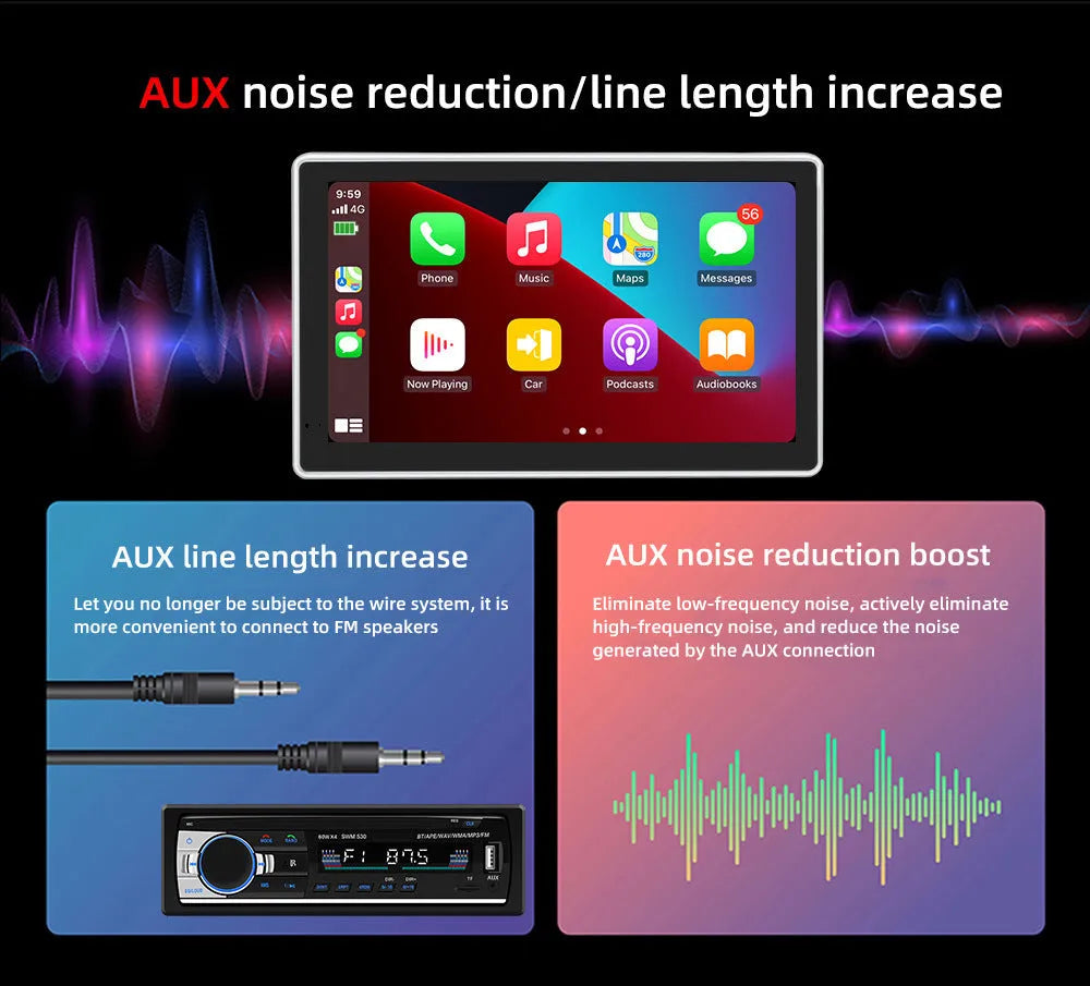 Black 7-inch wireless CarPlay touch screen car dash camera with wide-angle lens.