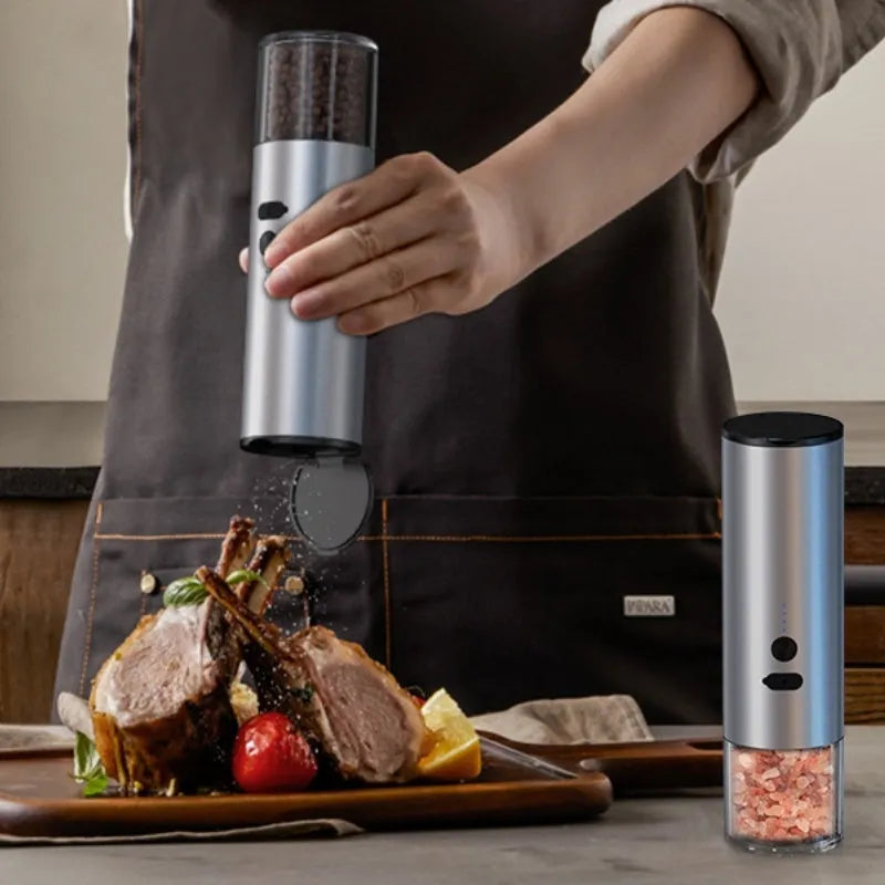 USB rechargeable electric pepper grinder with clear glass jar and LED light