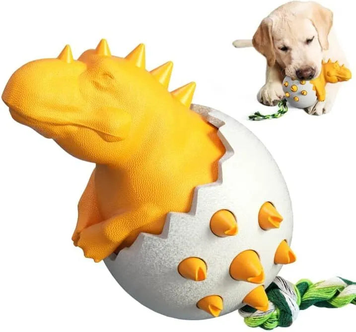Blue durable rubber dinosaur dog chew toy with rope for aggressive chewers.
