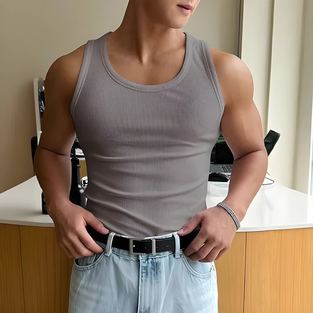 Men's tight-fit black polyester sports t-shirt on a hanger