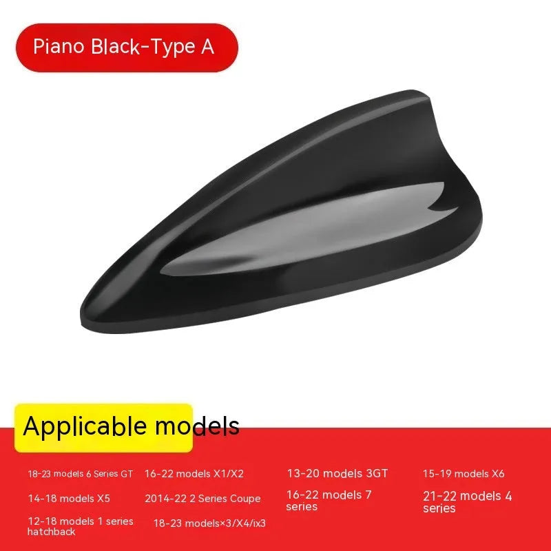 BMW shark fin antenna cover in carbon drill pattern and piano black finishes for Type A, B, and E models.