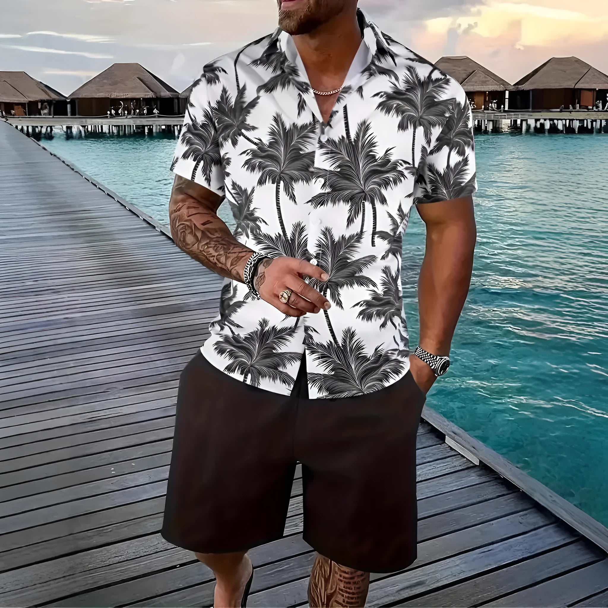 Man wearing a 3D printed Hawaiian short sleeve shirt with matching casual shorts.