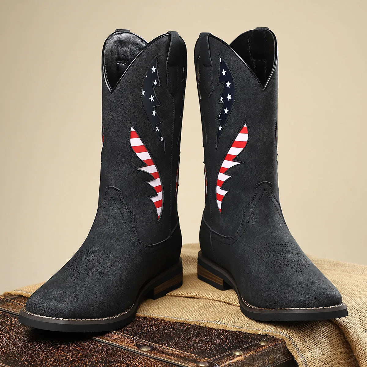 Men's thick-heel leather patchwork boots in black, brown, gray, and khaki, slip-on style with block heel