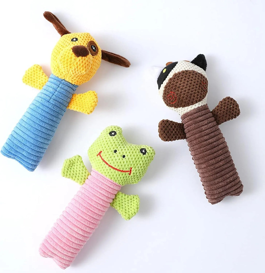 Squeaky stuffed animal dog chew toy in calves, frogs or puppies design, 19cm length