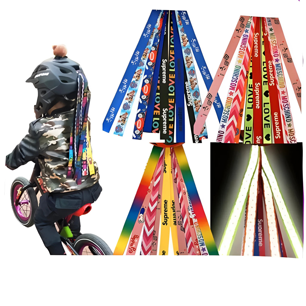 A decorative ribbon streamer for attaching to a child's roller skate or ski helmet, shown in a selection of colours.