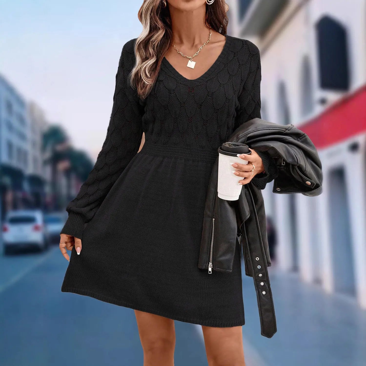 Women's artistic retro V-neck long sleeve dress in a light blue green colour with a 3D pattern detail.