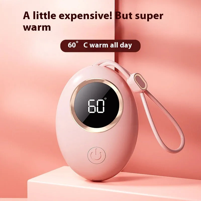 A portable hand warmer power bank with a digital display, shown in one of six available colours.