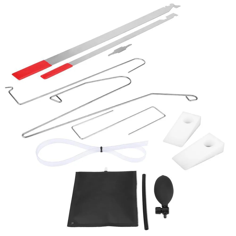 9-piece automotive maintenance tool set with air pump wedge, plastic wedges, metal crowbars and hooks