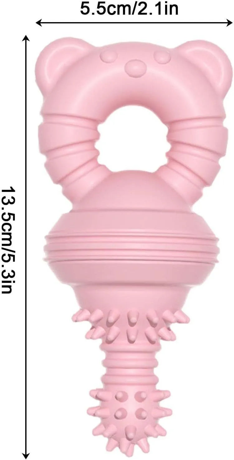 Blue green and pink rubber dog chew toy with textured surface and bell for aggressive chewers and large breeds.