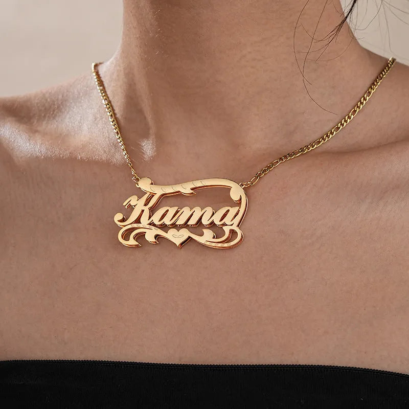 Double-layer wave heart personalised name necklace in stainless steel