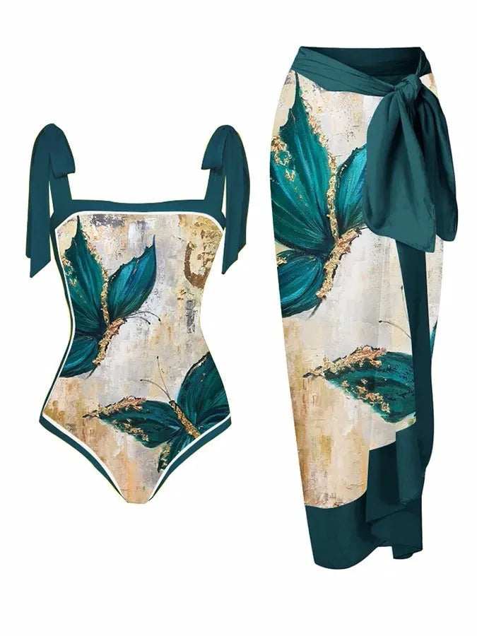 Women's printed chiffon two-piece swimsuit with attached skirt in floral pattern