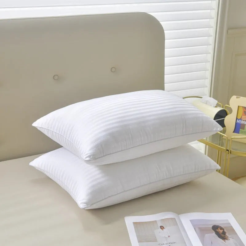White hotel cotton satin stripe pillow with feather cotton filling showing three size options