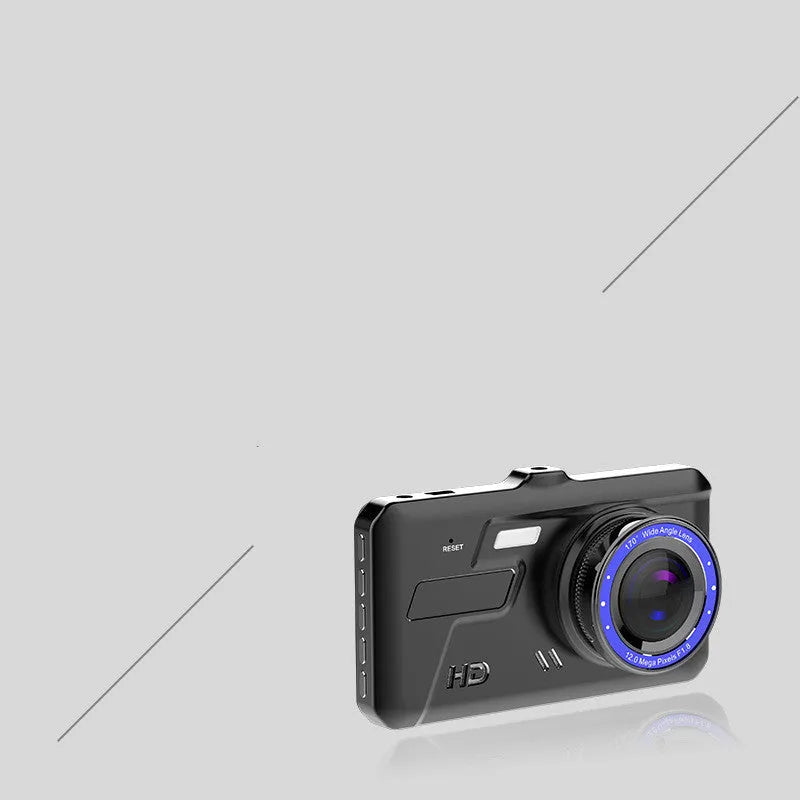 Black touch screen car driving recorder with front and rear cameras mounted in vehicle