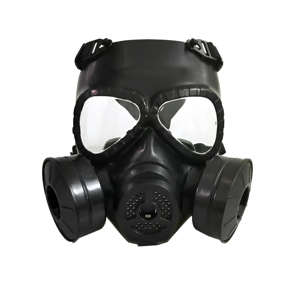 Real-life Field Equipment twin fan mask in black with transparent lens, head-mounted TPR design for outdoor use