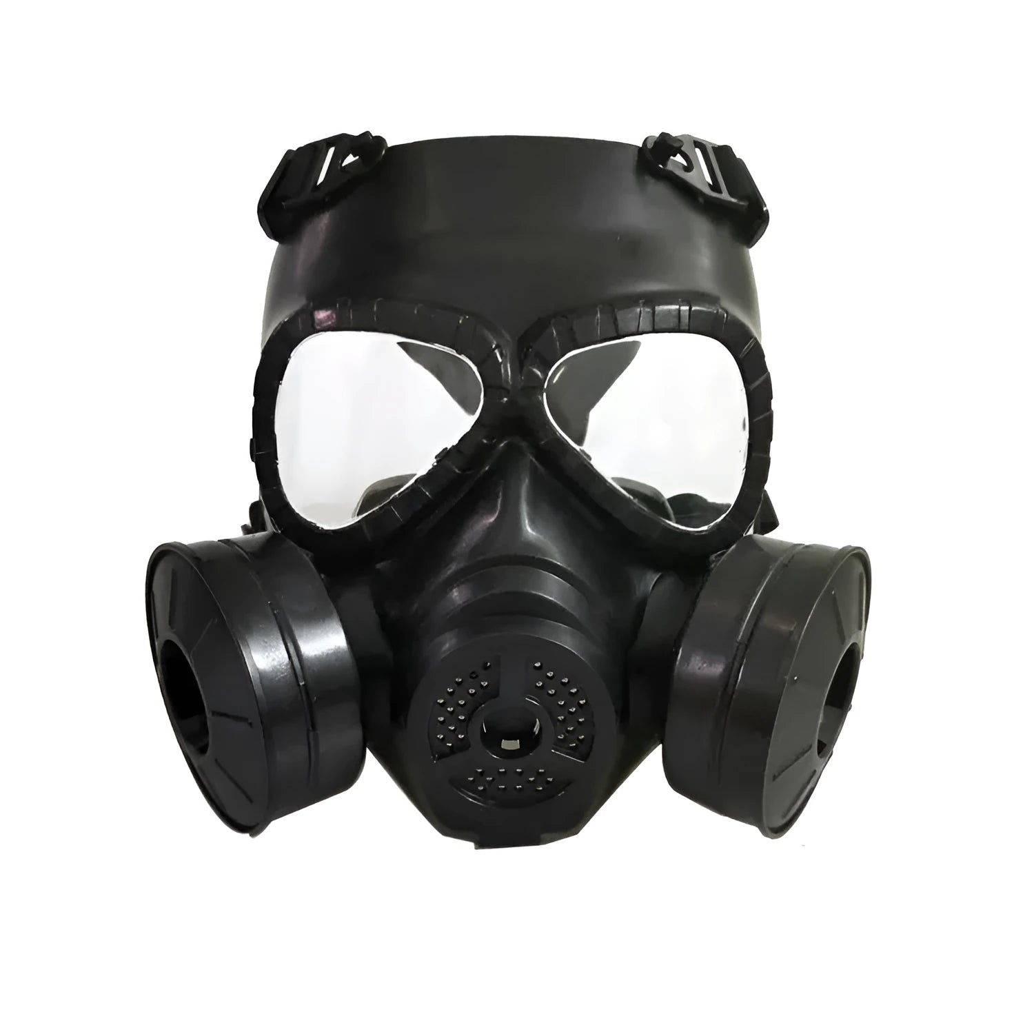Real-life Field Equipment twin fan mask in black with transparent lens, head-mounted TPR design for outdoor use