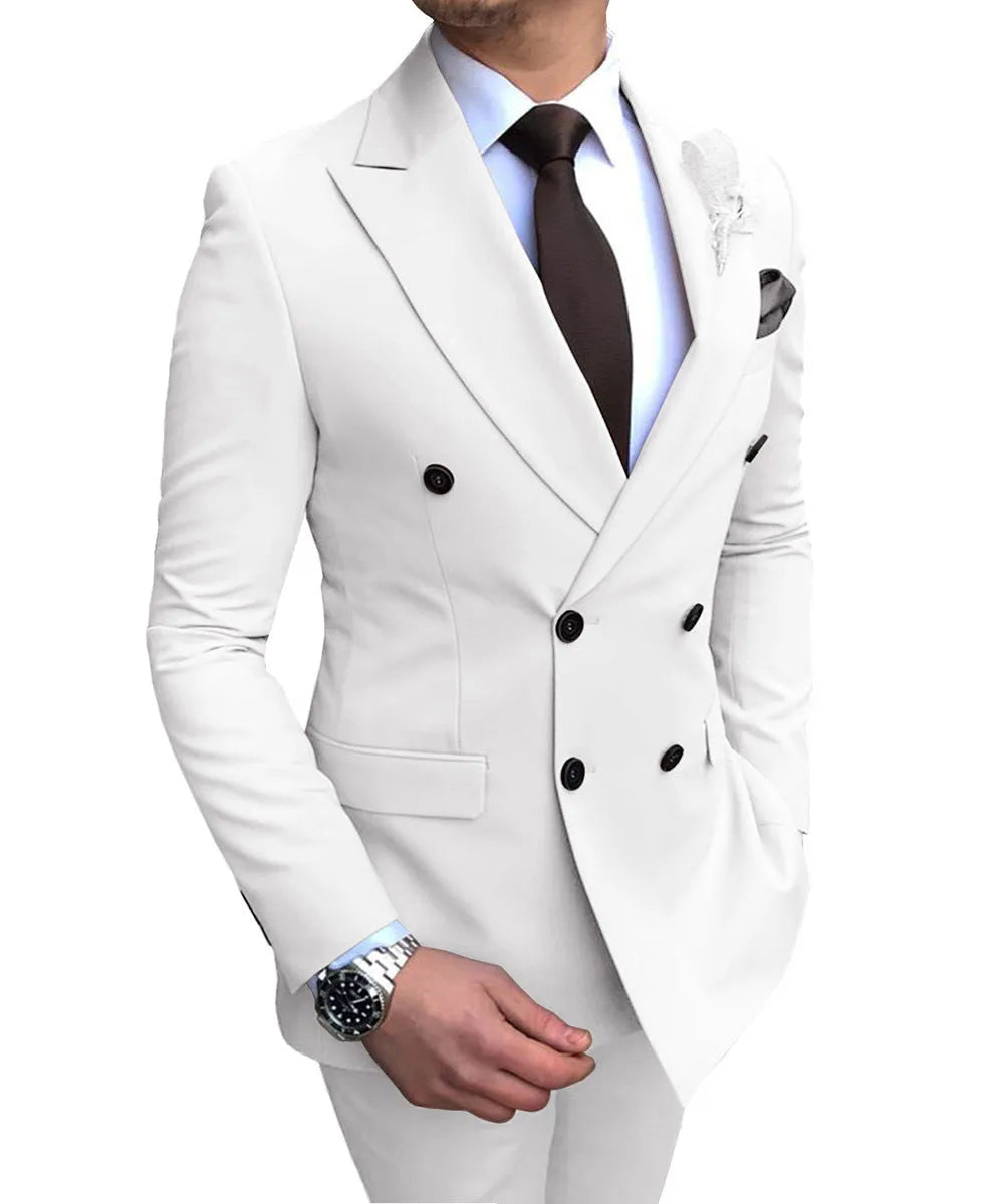 Double breasted slim-fit cotton wedding groomsman suit in black with flat lapel collar and back vent