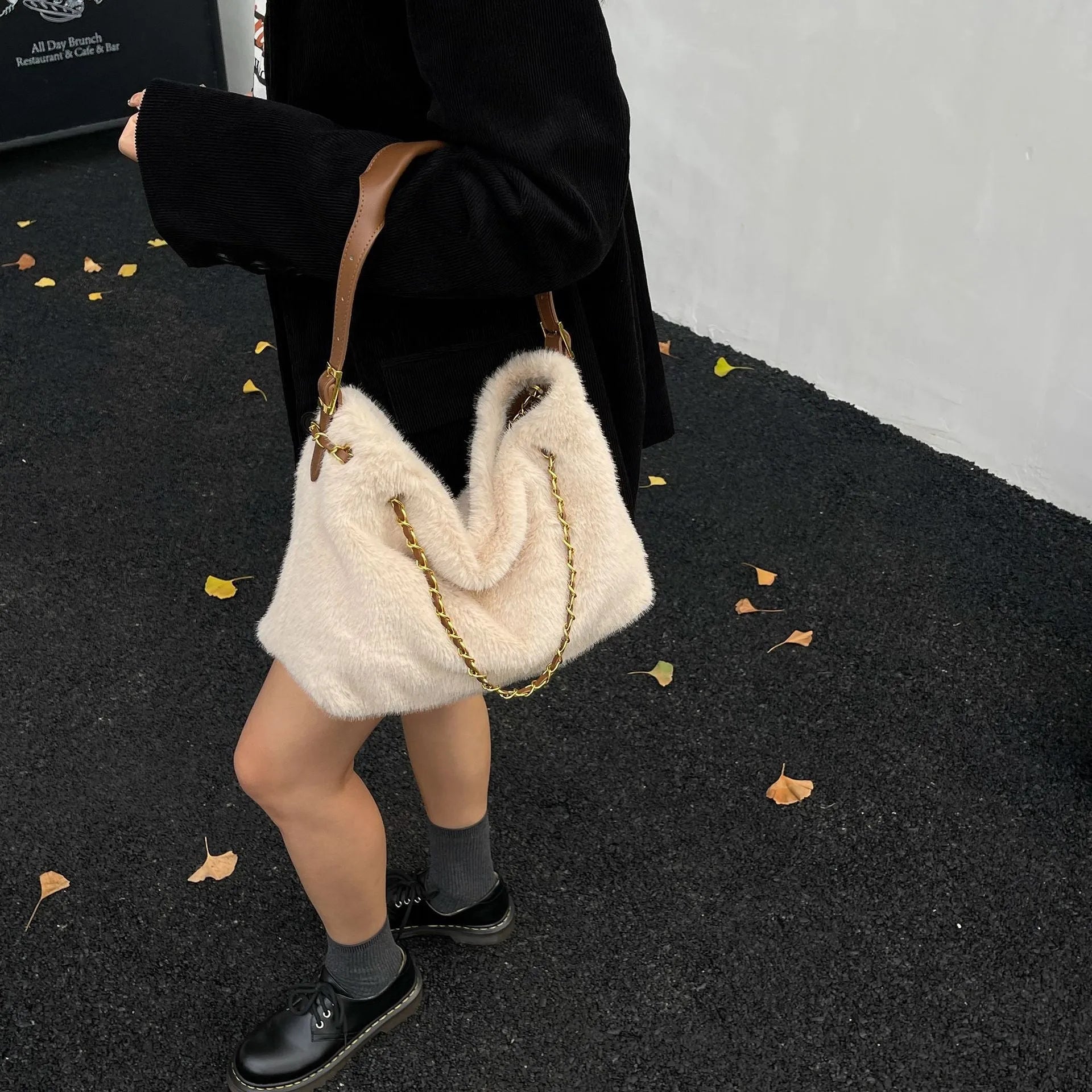 Large capacity fur shoulder messenger bag for women, plush material, horizontal square shape, chain and stitching details, apricot colour