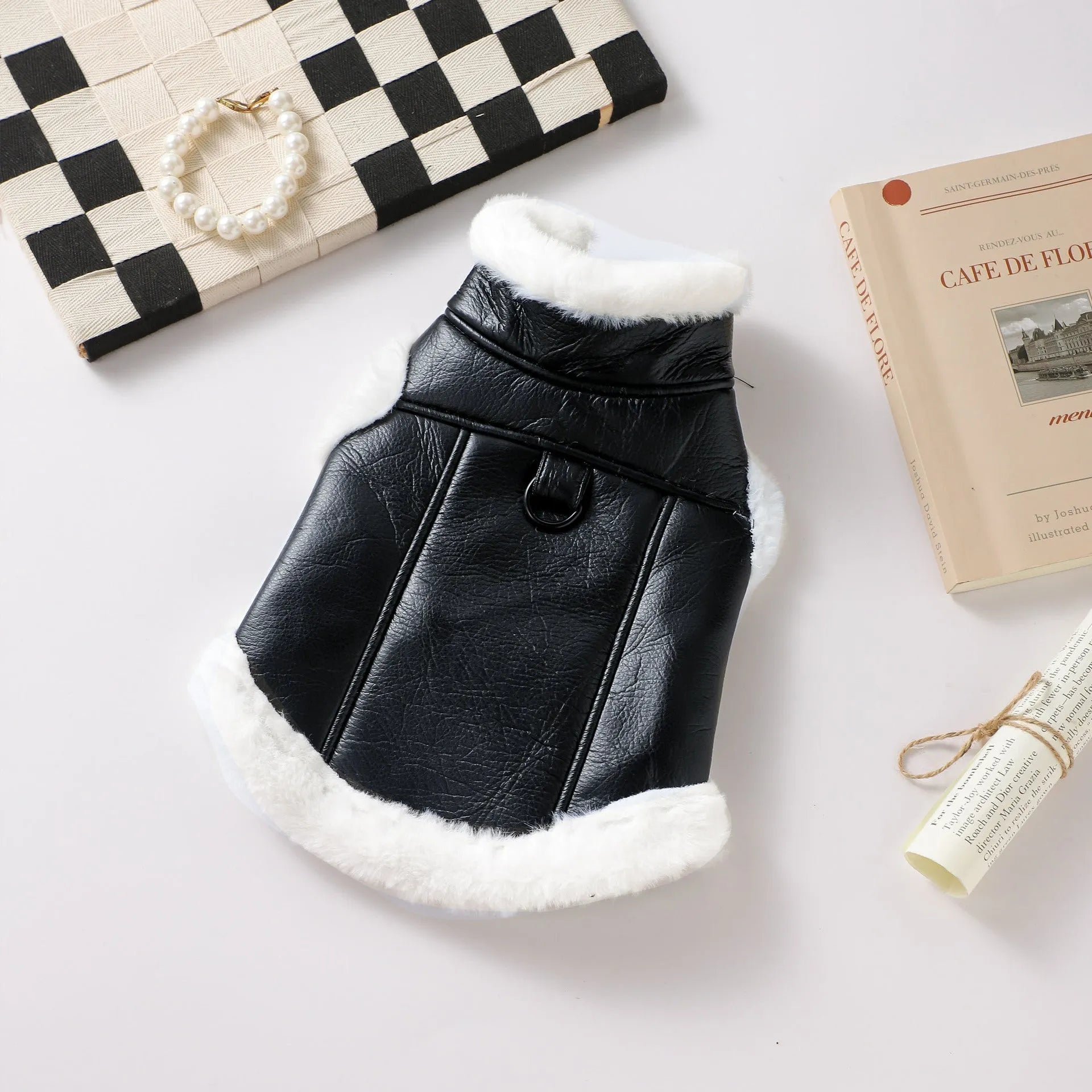 Leather dog winter jacket in black and brown colours with vest style option