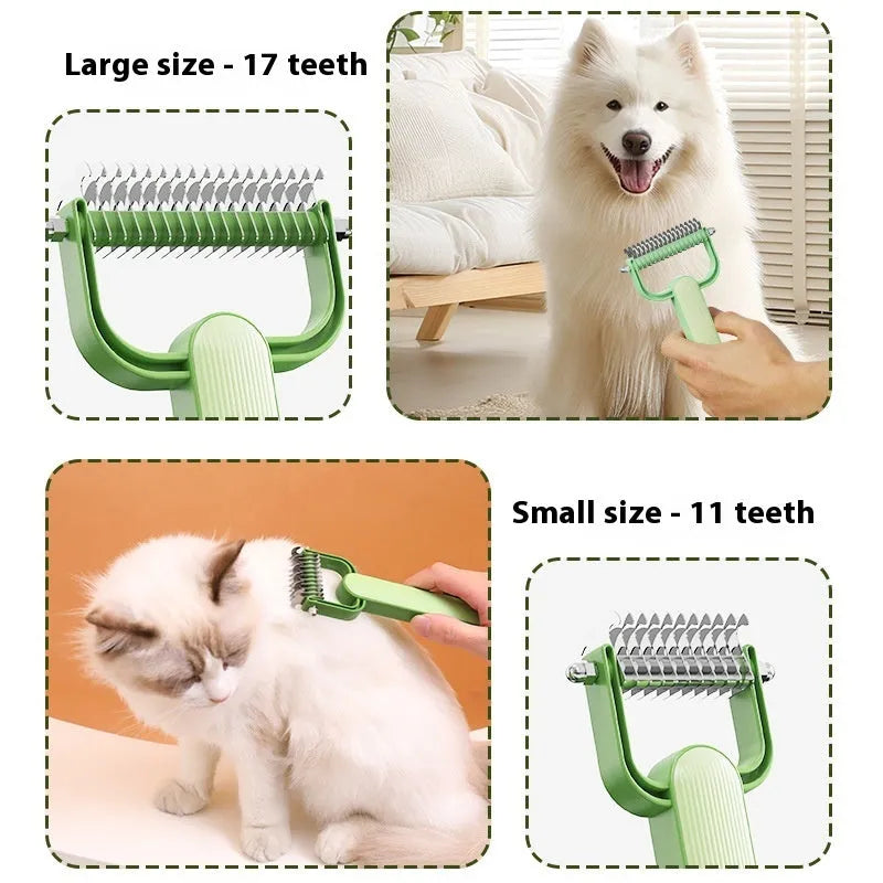 Green and grey dog detangling combs showing small and large size options with stainless steel pins on a PP handle.
