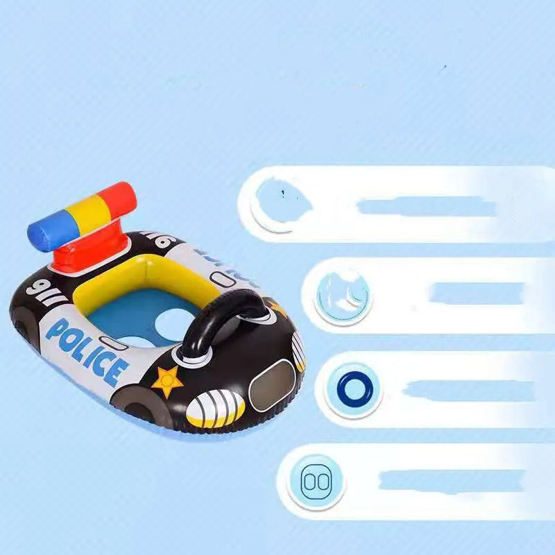 Black PVC inflatable police car children's swimming ring with anti-rollover cushion design on white background