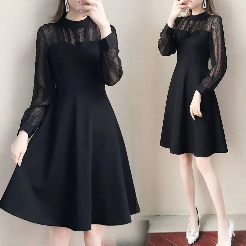 Black solid colour polyester lace long sleeve underdress with slimming fit on female model
