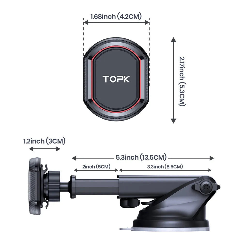Magnetic car phone holder with suction cup and hook bracket on dashboard