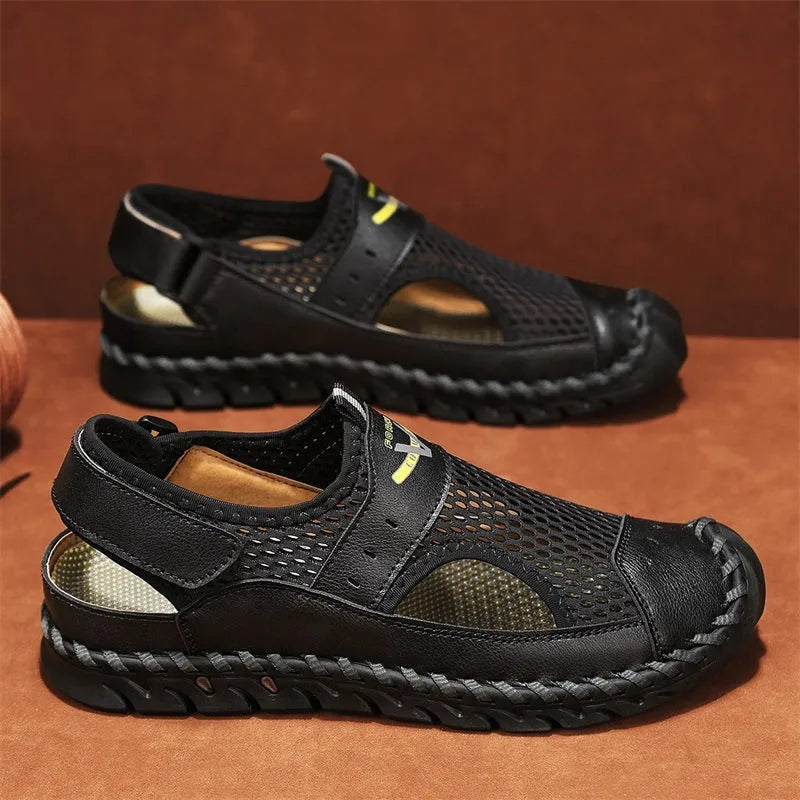 Men's brown genuine leather low-top casual shoes with an elastic band and flat rubber sole.