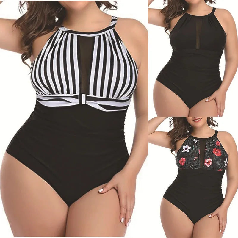 Women's lace-pattern one-piece swimsuit in black, stripes or red flower colours