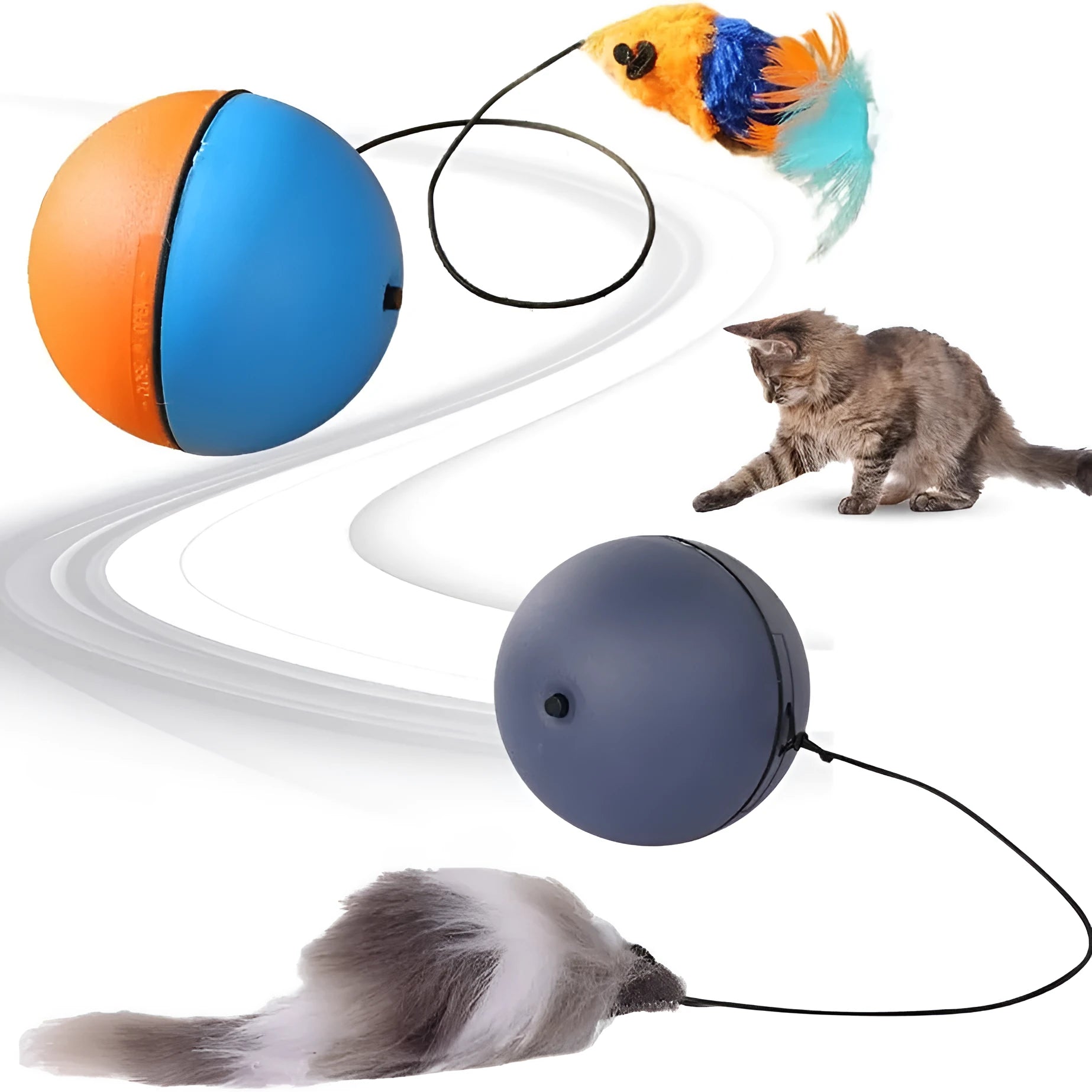 Blue orange and grey automatic rolling electric ball toy for cats and dogs on a hardwood floor