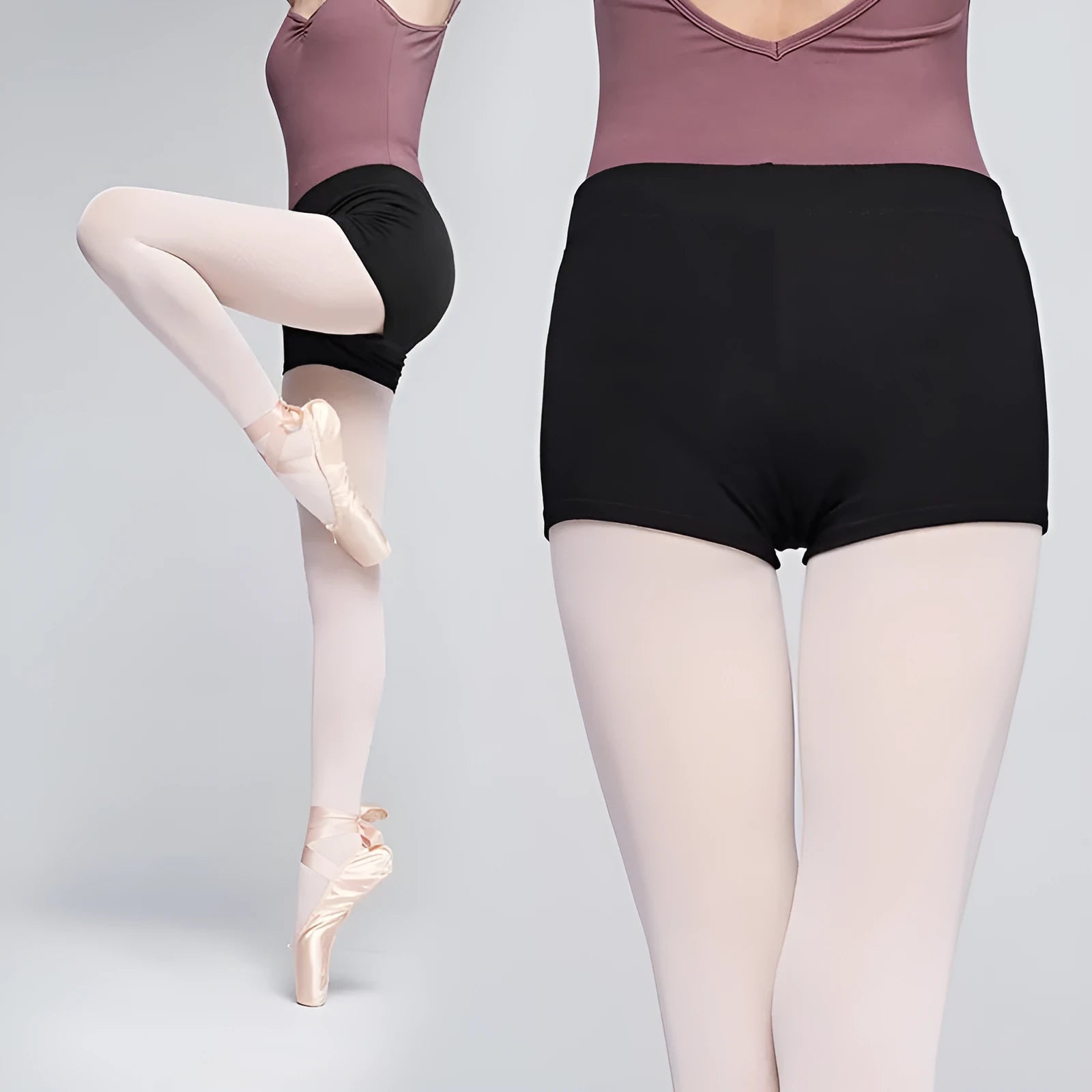 Black cotton women's ballet practice shorts laid flat.