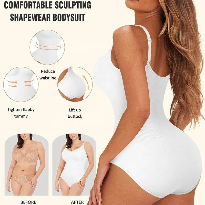 Plus size seamless nylon body shaping jumpsuit with adjustable straps in skin colour, front view