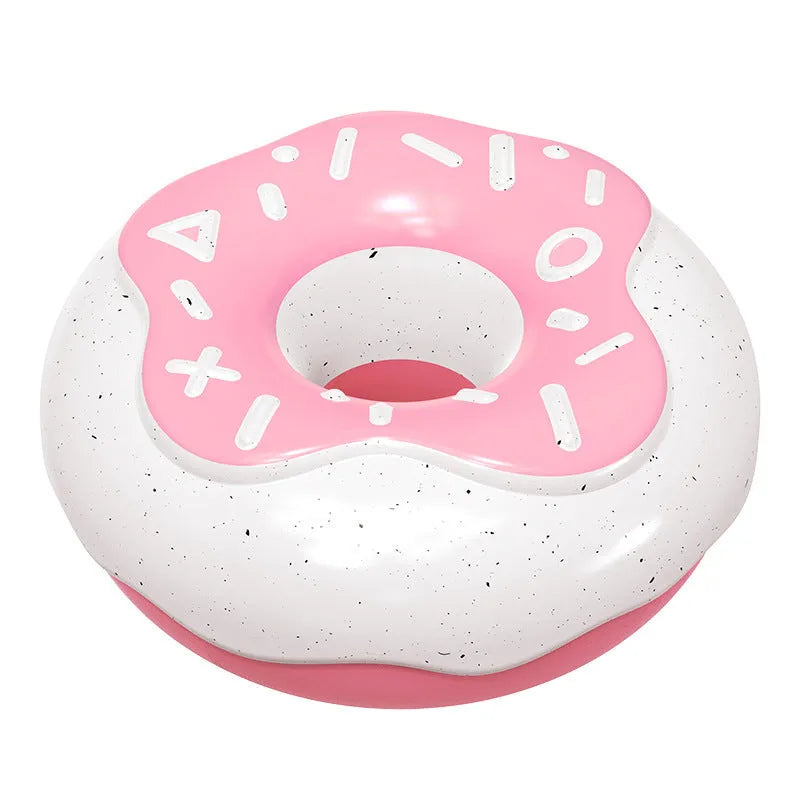 Pink, yellow, and chocolate ball coloured donut dog toy for molar teeth cleaning with sound feature.