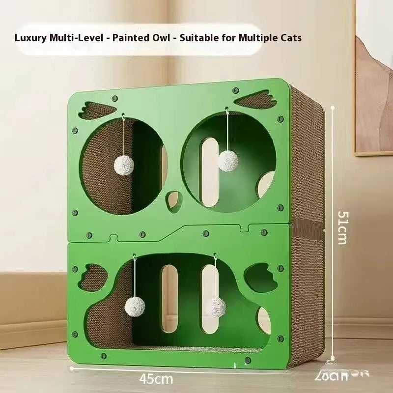 Wear-resistant cat scratching board attached to a double-layer enclosed cat nest in a cute owl design style.