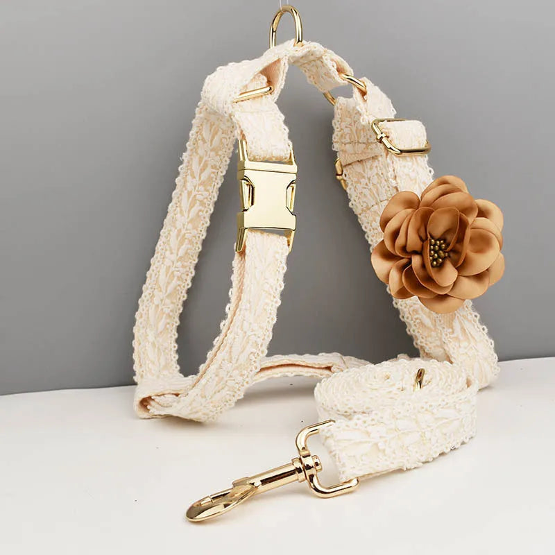Polyester dog wedding vest collar set with matching leash and flower band in lace trim