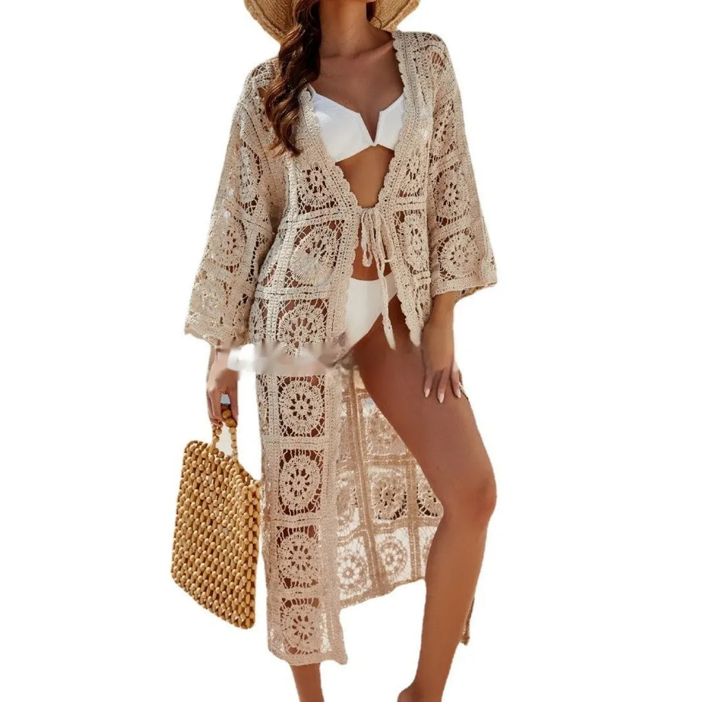 Apricot cotton beach cover-up set with long sleeves and embroidered detailing
