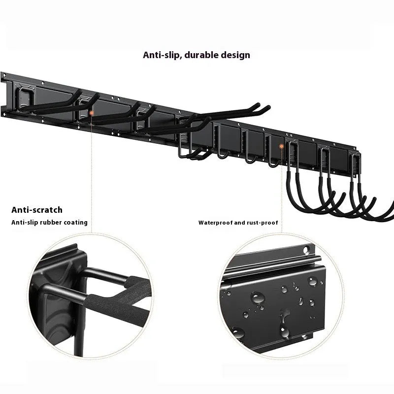Heavy-duty carbon steel garage wall hook system with removable base plate and multiple hook options for tool storage