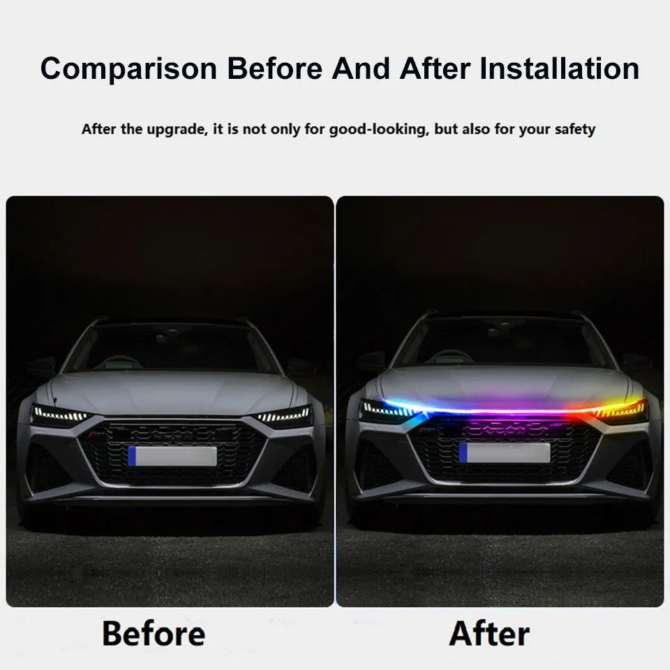 Automotive LED atmosphere light strip for engine cover installation in various colours and lengths.