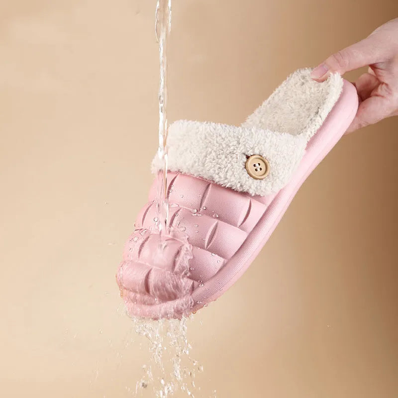 Pink and green plaid detachable slippers with a plush lining and textured EVA sole.