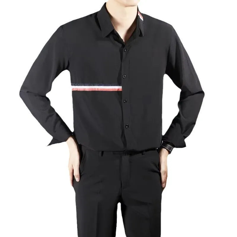 Hong Kong style loose fit cotton blend shirt in light blue, showing cardigan design on a hanger.