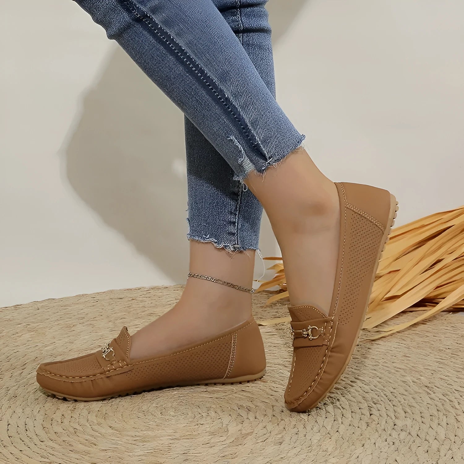 Women's flat casual shoes in artificial PU leather available in white, black, and khaki colours