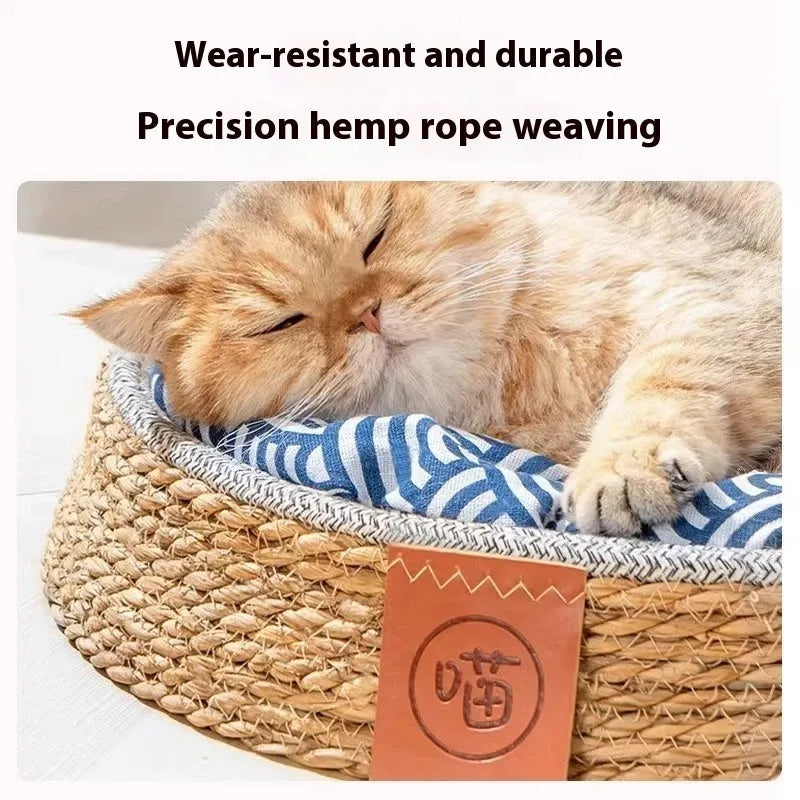 A woven rattan cat bed or cage, shown in one of four available sizes: S, M, L, or XL.