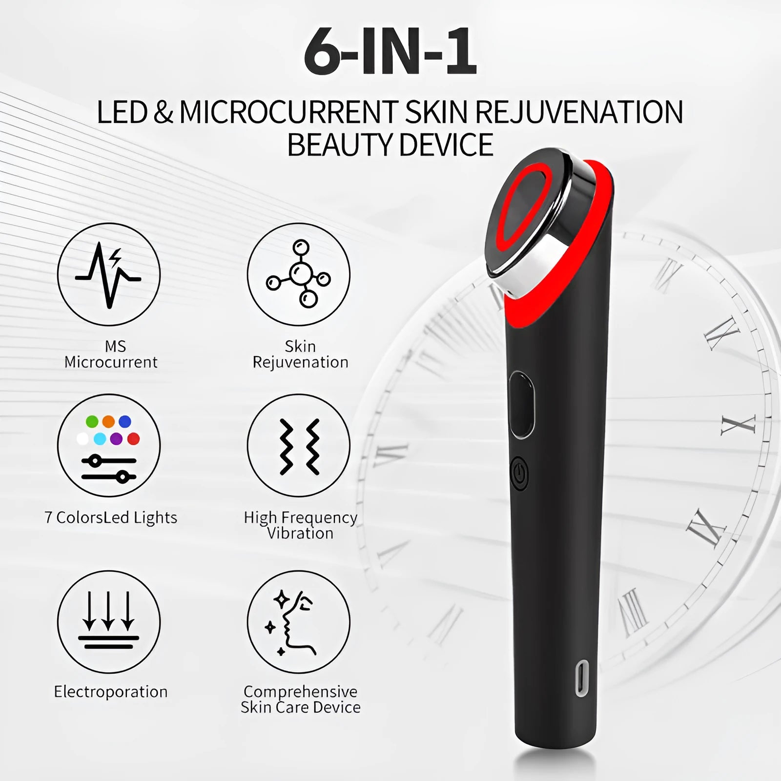 Black seven colour LED light therapy eye massager with vibration function for facial care
