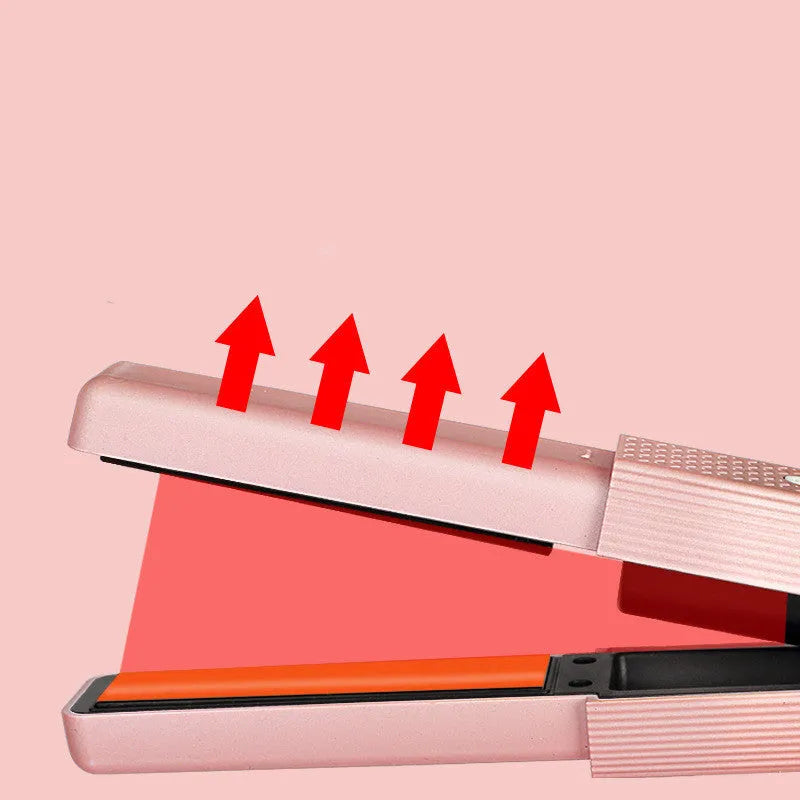 Pink and green cordless USB hair straightener with ceramic plates and digital temperature display.