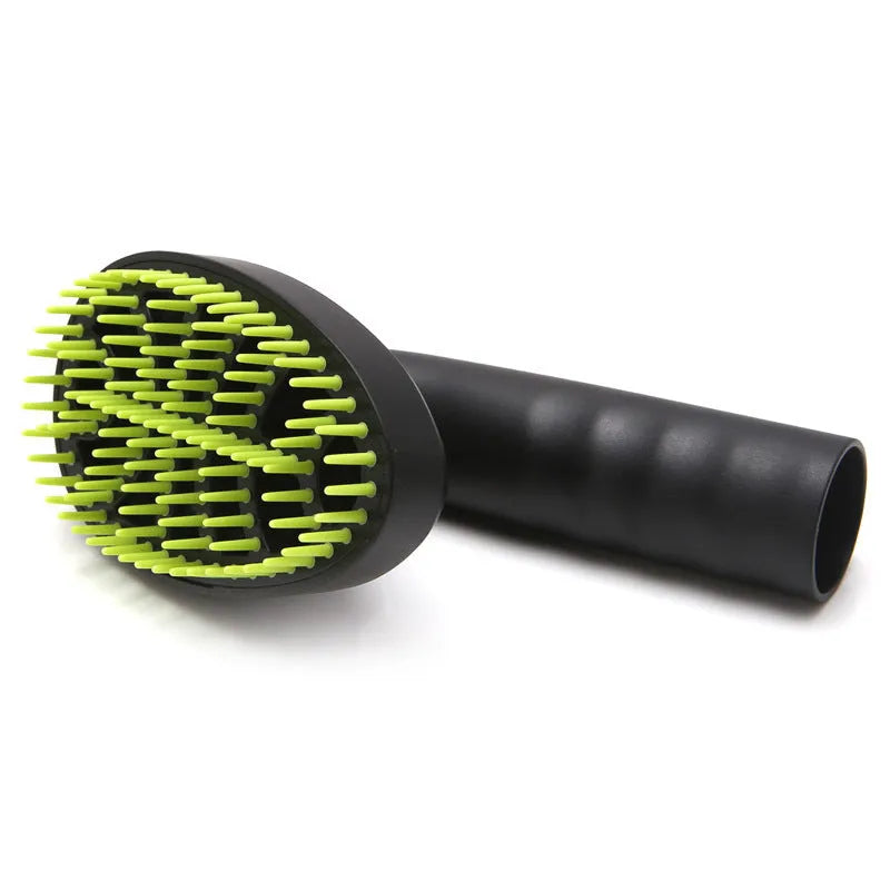Pet grooming brush vacuum attachment with 32mm diameter, TPE bristles, ABS handle, and 360-degree rotatable head in green and black