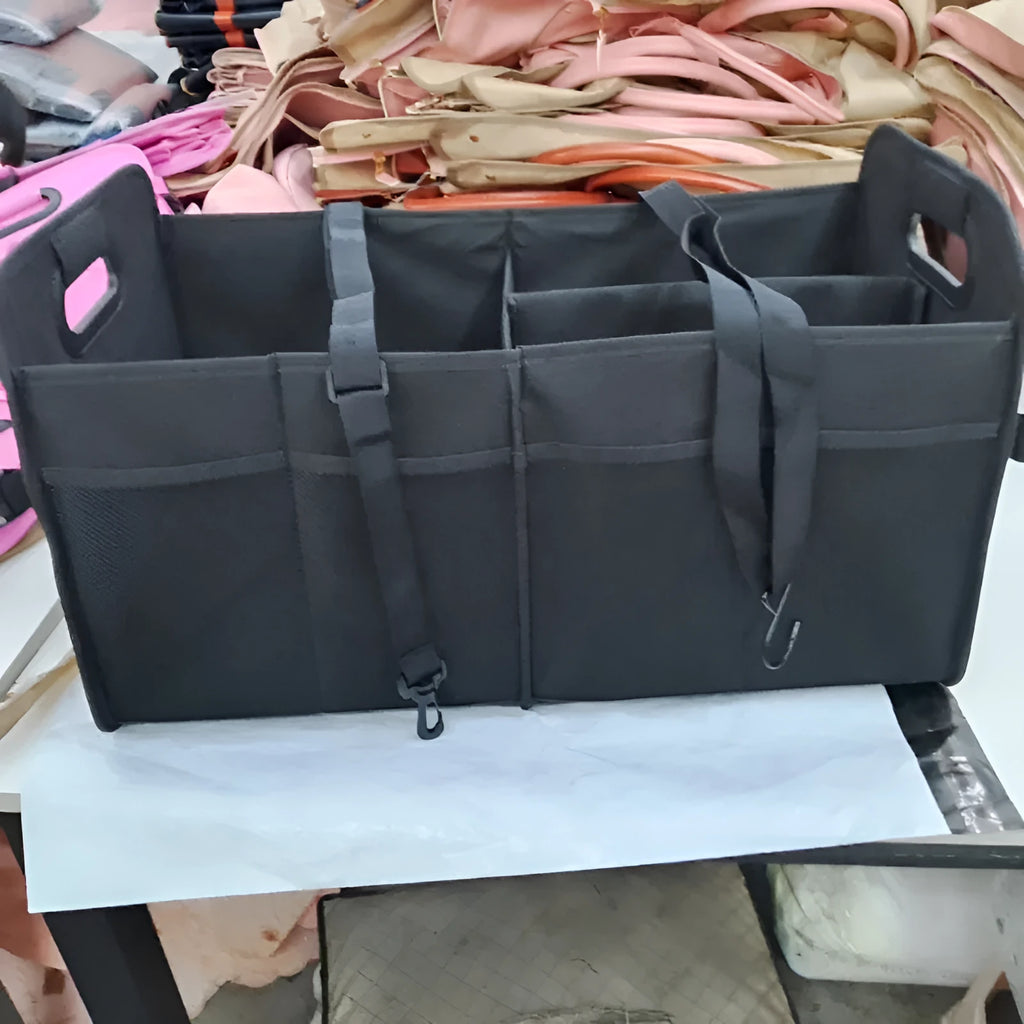 Foldable fabric car trunk storage box with multiple compartments and handle