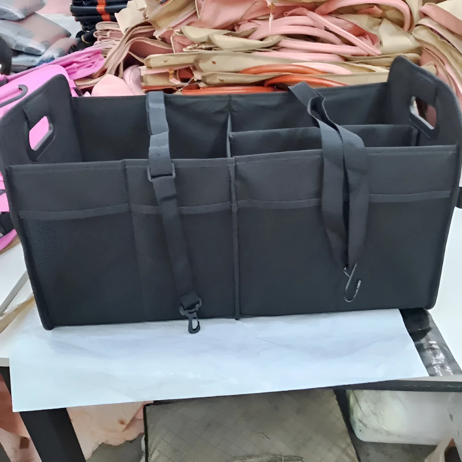 Foldable fabric car trunk storage box with multiple compartments and handle