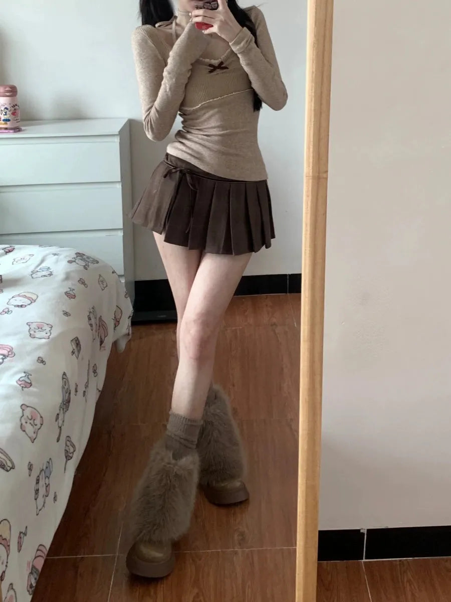 Halter lace V-neck sweater women's spring slim fit milk tea colour top front view