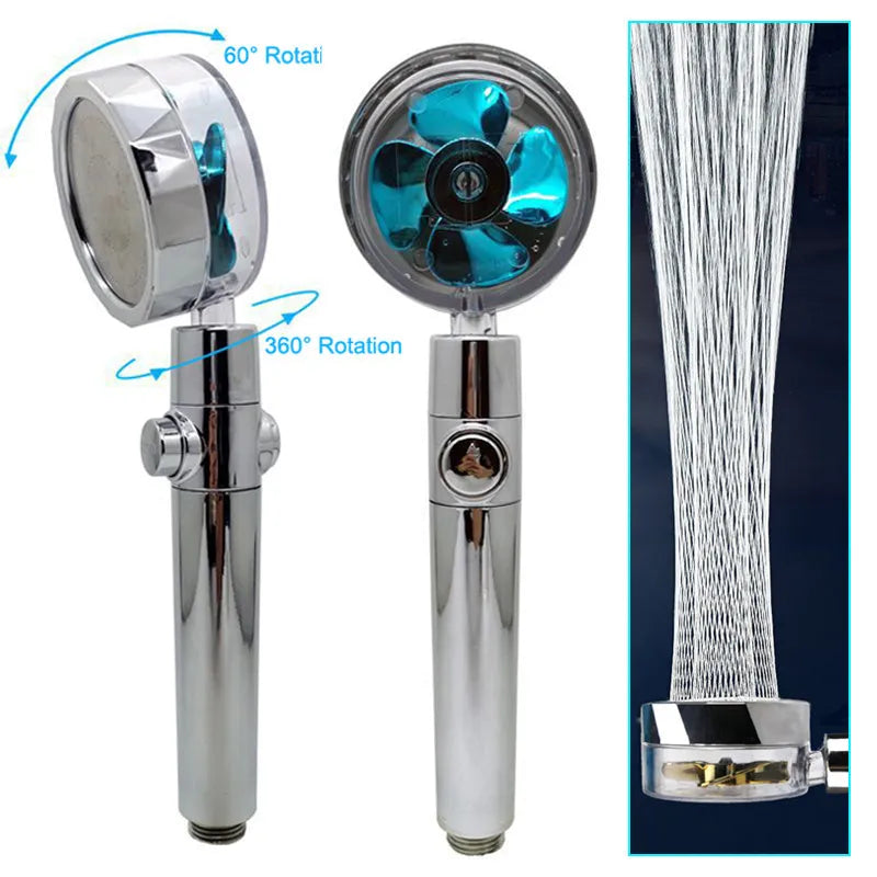 Blue handheld shower head with stop button and turbo nozzle on a chrome bracket.