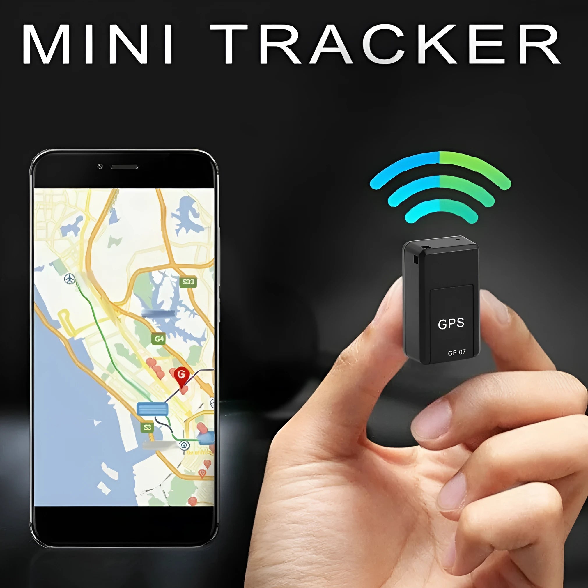 Small black magnetic GPS car tracker with USB charging cable on a metal surface.