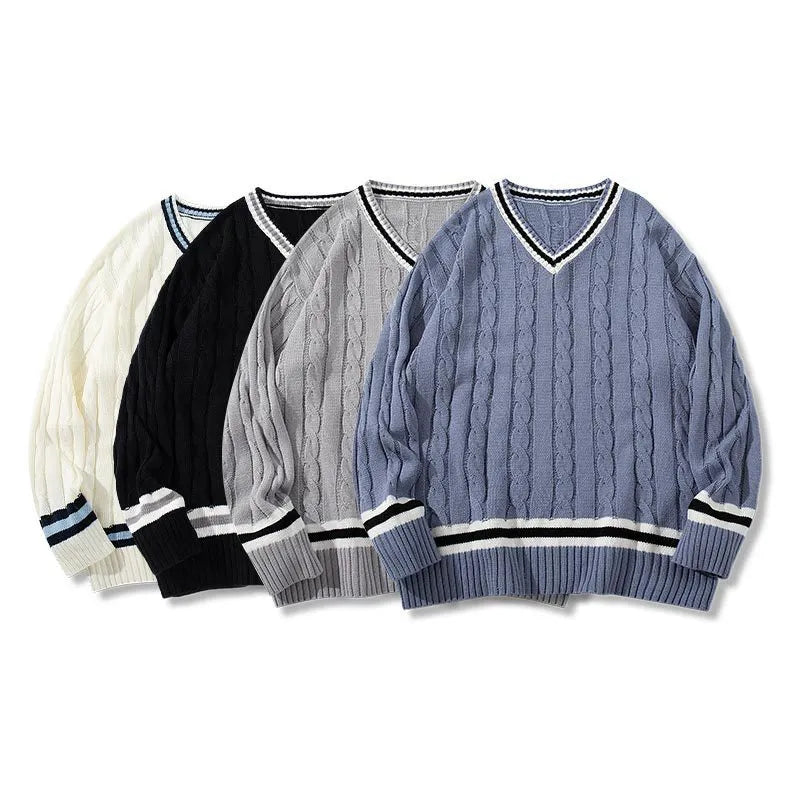 American collegiate style V-neck acrylic sweater in white, loose fit, pullover design for men